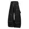 Comércio Exterior Marca da Moda High Street Silhueta Solta Casal Calça Wide Leg Retro Americano Costura Contrastante Estampado Jeans Preto Homens Mulheres
