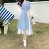 Vestido camisero de dos piezas falsas con sentido del diseño, estilo artístico, elegante, cuello en V, para mujer, verano, cintura marcada francesa, falda larga