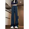 Calça Casual Angola Listrada Vermelha Estilo Hong Kong Color Block Tamanho Grande Perna Larga