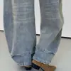 Ropa de mujer coreana Dongdaemun, jeans retro americanos azul claro con dobladillo curvo, tiro bajo, adelgazantes, favorecedores de la figura, pantalones largos de pierna ancha para mujer en otoño