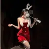 Conjunto de Lencería Sexy de Conejito Navideño con Falda Cubre-Cuerpo de Peluche, Atuendo de Chica Conejito Ajustado Dulce y Picante