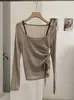 KEKEZOON Camiseta de Manga Larga Falsa de Dos Piezas con Cuello en U y Cordón Lateral Diseño de Moda Cintura Ceñida Top al por Mayor 9280