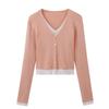 Cárdigan de punto fino de manga larga con cuello en V de dos piezas falsas para mujer, otoño, sentido del diseño, nicho, holgado, único, chic, ropa superior