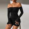 Vestido largo de manga acampanada primavera y verano 2023 ropa de mujer transfronteriza sexy europeo y americano hombros descubiertos hombros descubiertos falda de cadera plisado