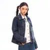 Traje de mezclilla para mujer con bordes deshilachados, lavado desgastado, solapa bordada, chaqueta azul vintage, pantalones largos azul oscuro-gris, azul oscuro extralargo
