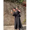 Vestido chic coreano de comprimento médio e manga longa para mulheres, vestido simples de cor sólida + conjunto de duas peças com jaqueta com capuz