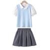 Conjunto JK para Meninas, Camisa Préppy de Falso Duas Peças, Roupas para Meninas, Conjunto de Duas Peças com Saia para Meninas Grandes, Manga Curta Estilo Fino