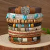 Produtos Novos Transfronteiriços Contas de Madeira de Casca de Coco Pulseira de Contas Argila Polimérica Pedra Pérola Couro Pulseira Pulseira Conjunto de 7 Peças