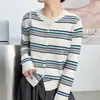 Suéter de punto de rayas con cuello redondo para mujer, nueva colección otoño 2026, elegante, de corte holgado, casual, adelgazante, cárdigan de manga larga