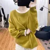 Outono Inverno Gola de Renda Blusa de Tricô Color Block Feminina Redutora de Idade Solta Gola Redonda Camada Base