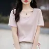 Borde enrollado Cuello en U Sencillo Color sólido Algodón puro Elegante Manga corta Holgado Informal 26 Primavera/Verano Nuevo Suéter de punto para mujer Camiseta