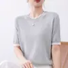 Camiseta de punto para mujer, estilo nuevo de verano, colorblock de Lyocell, cuello redondo, manga corta, elegante, holgada, sencilla, estilo coreano, imitación de dos piezas