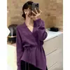 Top de punto asimétrico morado de manga larga estilo francés de alta gama con cintura ceñida