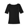 Camiseta Base Sexy Negra de Cuello en U Estilo Europeo y Americano para Mujer, Camiseta Elástica Adelgazante de Manga Tres Cuartos, Top Corto para Chica Atrevida