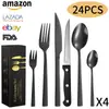 Juego de 24 piezas de Cubiertos de Acero Inoxidable con Mango Cuadrado para Mesa Amazon Transfronterizo, Juego de Cuchillo, Tenedor y Cuchara para Filete Occidental de Hotel