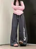 Pantalones casuales de otoño 2026 estilo americano con estampado de letras desgastadas en color azul grisáceo para mujer, corte holgado, cintura alta, pierna ancha, joggers