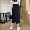 Falda Negra de Media Longitud para Mujer Otoño Falda Larga Línea A 2026 Nuevo Estilo Falda Elegante de Cintura Alta para Figuras Pequeñas Diseño con Abertura Trasera