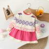 Vestido Suéter Infantil Jacquard Prismático Tricotado Conjunto de Duas Peças Feminino Outono e Inverno Novo Estilo Coreano Estilo Ocidental Vestido Suéter Gola Redonda