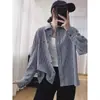 Camisa de Manga Larga de Doble Capa de Gasa de Algodón a Cuadros Pequeños Estilo Vintage para Mujer, Camisa Casual Holgada y Versátil en Cuadros Negros y Azules