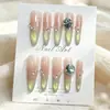 Pontas de Unha Francesas Longas Artesanais de Alta Qualidade com Gradiente Rosa-Verde e Pedras Strass Grandes Estilo Novo Clareador Celebriedade da Internet