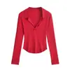 Camiseta de Manga Larga de Moda para Mujer, Nuevo Estilo de Primavera, Corte Ajustado, Roja, Favorecedora, Versátil, con Cuello de Solapa