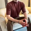 Camiseta Masculina de Malha Lyocell com Gola Alta Curta de Manga Curta para o Verão 2026, Camiseta Masculina Fina de Seda Gelada com Gola Alta Curta Estilo Old Money