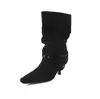 Botines cortos para mujer estilo francés Chuyuji 2026 nuevos botines de tacón alto con punta y hebilla de cinturón, botines de motociclista, botines plisados apilados