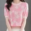 Camiseta Casual de Punto de Seda Helada de Manga Corta para Mujer, Estilo Nuevo de Verano, Cuello Redondo, Estampado Floral, Estilo Mamá, Camisa Fina para Mujer