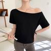 H923 Camiseta de Ombro Caído One-Shoulder Duas Formas para Mulheres no Verão, Versátil Solta Casual Decotada Sexy Cor Lisa Manga Curta