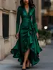 Novo Site Independente Europeu e Americano Transfronteiriço Amazon Vestido de Primavera Cetim Decote V Cintura Marcada Babado Elegante