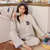 Nuevo conjunto de pijama para mujer: algodón, con cuello, de frente abierto, manga larga, pantalón largo, corte holgado, estampado de dibujos animados, dulce y lindo, se puede usar como ropa de dormir