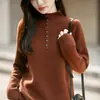 Suéter de gola alta meia-manga 100% lã pura para mulheres, espessado para aquecimento no outono e inverno, pulôver com botões, top de base