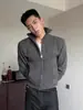 Cardigan Tricô Gola Alta Estilo Retrô Americano Cinza Escuro Masculino Outono Gola Alta Tricô Ombro Direito Jaqueta Curta com Zíper Duplo