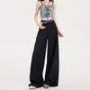 Pantalones de traje a cuadros con retazos de doble cintura azul marino para mujer, verano 2026, finos, estilo americano, holgados, con caída, de pierna ancha, casuales