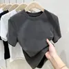 Camiseta de algodón puro con sentido del diseño, hombros rectos, manga corta, para mujer, primavera-verano, estilo básico, corte ajustado, estiliza, chica atractiva, top de cuello redondo, gris