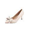 9877-17 Salto alto com laço feminino, salto agulha, novo, primavera e outono, francês, não cansado, pés, sapatos de trabalho, sapatos simples e pontudos