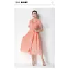 Vestido longo transfronteiriço temperamento retrô elegante moderno trabalho pesado bordado vazado lapela manga longa abotoamento único amarração na cintura acinturado
