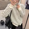 Cardigan de Tricô Listrado Color Block com Zíper e Gola Alta, Design Estilo Coreano para Mulheres, Manga Longa, Novo Outono/Inverno 2026