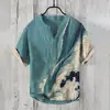 Camisa Polo de Hombre con Cuello en V Estampado Digital 3D, Lino de Bambú, 3 Materiales, Botones, Estilo Ukiyo-e Japonés, Transpirable y que Absorbe la Humedad