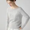 Estética básica, estilo suave, suéter 100% cachemira, top tejido de cuello redondo para mujer con aplicación, perfecto como capa base