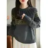 Suéter de Tricô Jacquard Fair Isle Retrô com Gola Redonda para Mulheres, Suéter Grosso Color-Blocking de Outono e Inverno, Blusa Feminina de Corte Solto