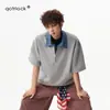 Moletom com gola de camisa estilo americano e zíper parcial para homens, primavera e outono, falso duas peças, blusa casual solta, gola alta moderna preta e cinza