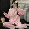 Nuevo conjunto de pijama de algodón nube con encaje de oso lindo y moderno para mujer, cárdigan de manga larga de otoño y primavera, ropa de estar de dibujos animados