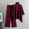 Amazon Transfronteiriço Moda Solta Elegante Conjunto Feminino Outono e Inverno Gola Alta Capa Suéter de Malha Calças de Perna Larga Conjunto de Duas Peças