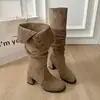 Botas holgadas de gamuza color caqui estilo coreano más vendidas 2026 Nuevo estilo Otoño/Invierno Plegables de doble uso Tacón grueso Cremallera lateral Botines
