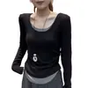 Algodón puro, diseño de dos piezas simulado, camiseta interior de manga larga para mujer, nueva colección otoño 2026, ajustada y estilizada, estilo pullover, negro