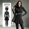 Conjunto de Duas Peças de Yoga para Mulheres, Cardigã Color Block de Manga Longa com Gola Alta, Calça Saia de Cintura Alta, Conjunto Esportivo de Corrida Fitness Respirável de Secagem Rápida