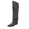 Botas de Caballero de Cuero en Capas para Mujer, Botas Largas de Caña Alta, Nuevo Estilo Otoño/Invierno, Punta Puntiaguda, Tacón Medio Grueso, Hebilla, Botas Altas hasta la Rodilla para Mujer