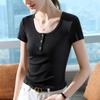 Camiseta Corta de Cintura Alta para Mujer 2025 Nueva Moda Femenina Botón Cuello en U de Hilo Manga Corta Elegante Top de Cintura