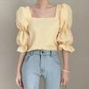 Camisa de gasa con mangas abullonadas y plisadas, estilo francés elegante de Corea del Sur, suave, adelgazante, con escote cuadrado y diseño de cuello cuadrado para mujer